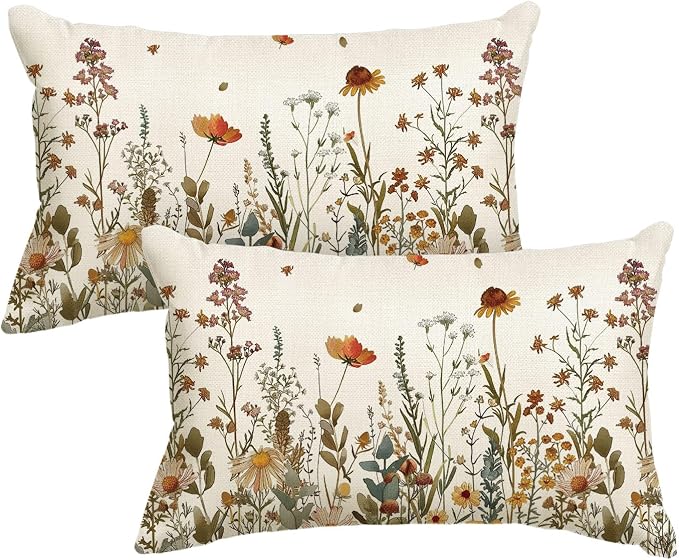 AVOIN colorlife Fall Flowers Throw Pillow Covers 12x20 Inch Set of 2 | Seasonal Autumn Thanksgiving Harvest Decoration for Sofa Couch Farmhouse Living Room Decor
