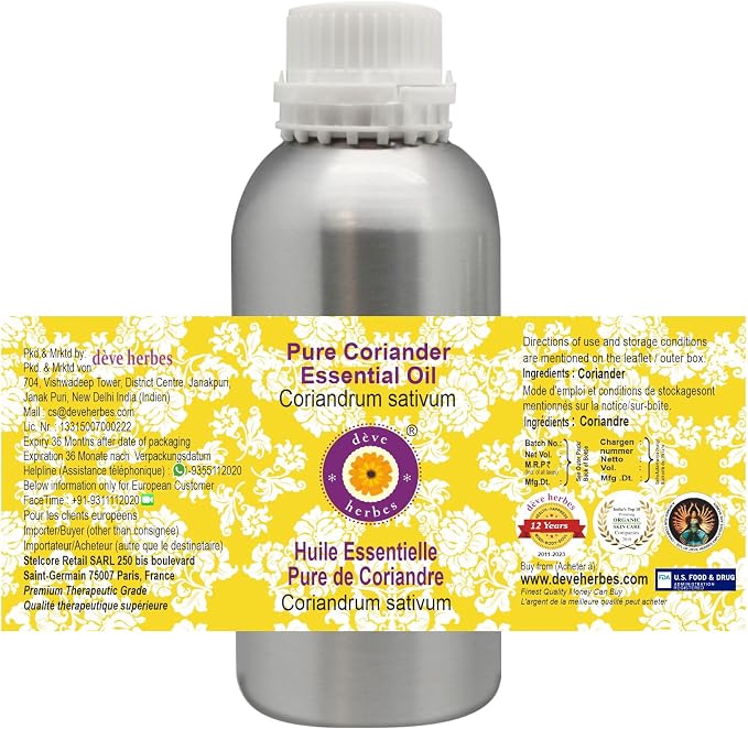 Deve Herbes Pure Coriander Essential Oil (Coriandrum sativum) Steam Distilled 300ml (10 oz)