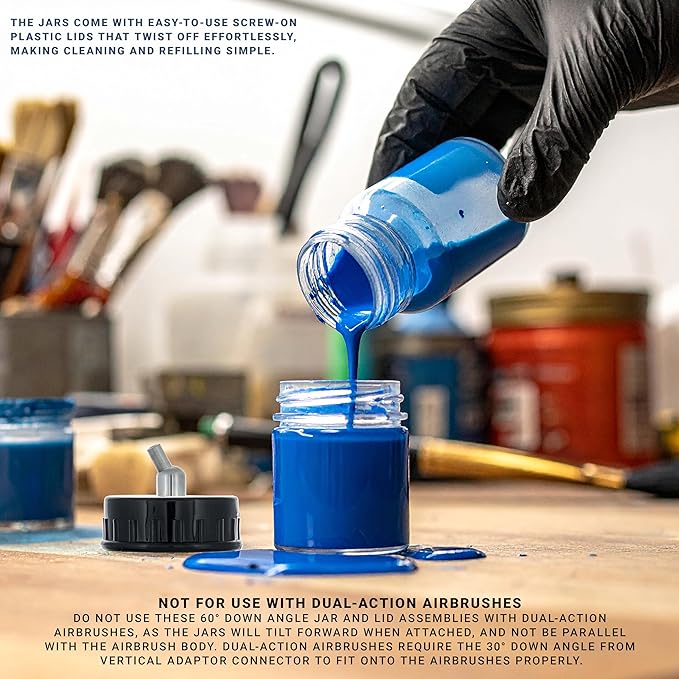 Master Airbrush (Pack of 10) TB-003 Empty 3/4 Ounce (22cc) Glass Jar Bottles with 60° Down Angle Adaptor Lid Assembly - Fits Single-Action Siphon Feed Airbrushes, Use with Master Badger Paasche, Iwata