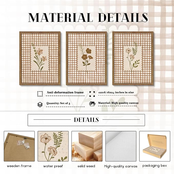 Framed Vintage Floral Wall Art Set of 3, Neutral Wildflower Botanical Canvas Wall Decor Paintings, Cottagecore Gingham Flower Posters Prints Pictures for Living Room Bedroom Bathroom 12x16 Inch