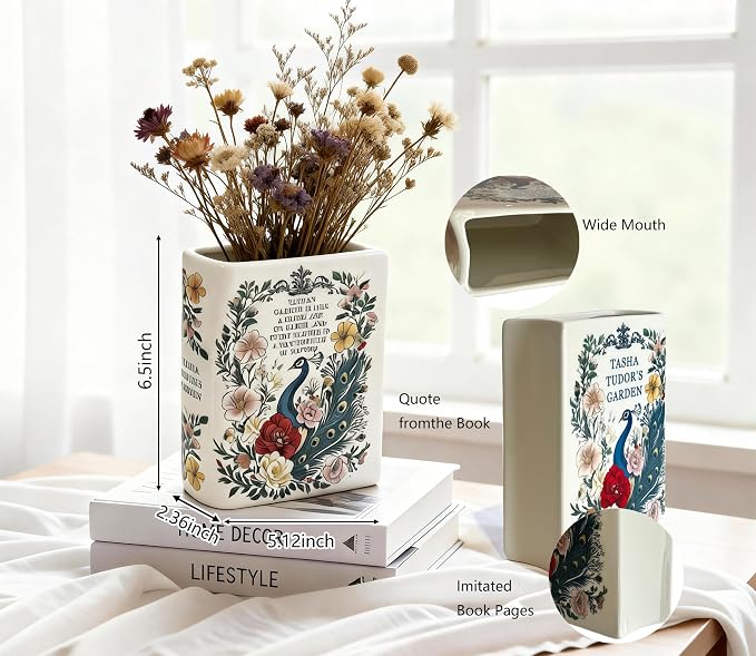 LIFFY Ceramic Vase for Flowers, 6.3 Inch Tall Farmhouse Centerpiece with Double Handles, Rustic Terracotta & Modern Navy White - Home Table Decor (Green-Peacock)