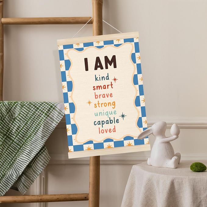 Koesus Inspirational Classroom Checkered Striped Wall Art Poster Hanger Frame 12x16 Inch Set of 3, Positive Affirmations for Kids, Motivational Canvas Pictures Prints Framed Wall Decor for Classroom Kids Room Playroom
