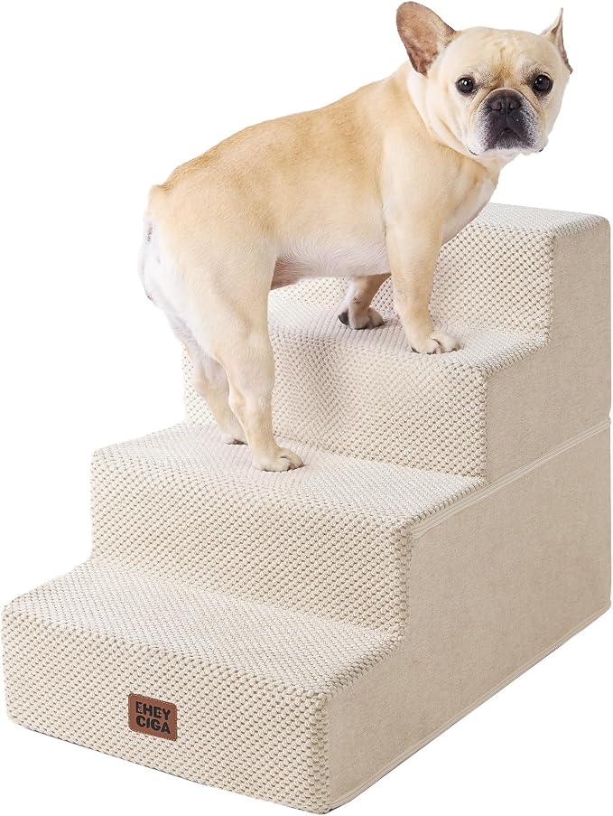 EHEYCIGA Dog Stairs for Bed 18" H, 4-Step Extra Wide Dog Steps for High Bed, Pet Steps for Small Dogs and Cats, Non-Slip Balanced Pet Ramp Indoor, Beige