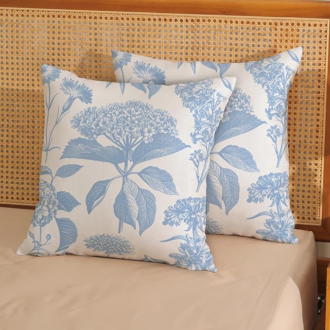 Floral Pillow Covers 18x18 Set of 2 Vintage Baby Blue Hydrangea Herb Botanical Throw Pillow Cover Outdoor Decoration Boho Flower Pillowcase Farmhouse Decorative Linen Cushion Case for Home Sofa