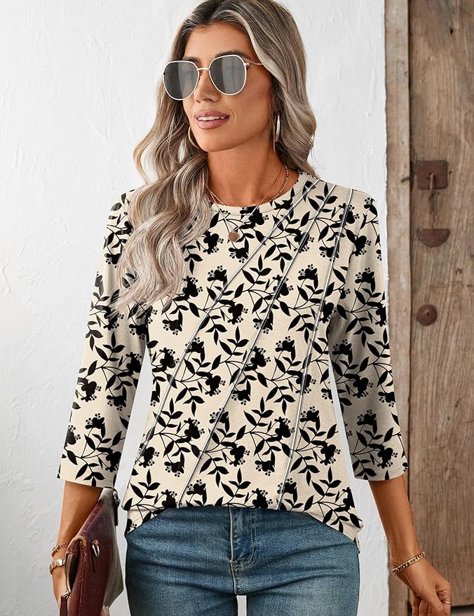 LOMON 3/4 Length Sleeve Womens Tops Spring Summer Fashion 2026 Tops Crew Neck Pleated Shirts Tunic Top Loose Fit