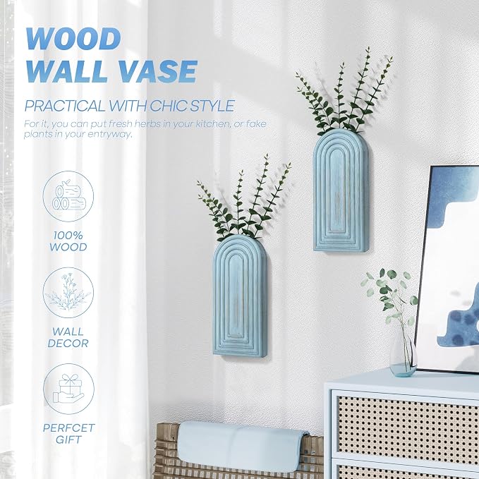 EOSAHR Wall Vase: Wall Planter for Fake Flowers for Living Room Decor, Blue | 2Pcs, Pine Wood, Wood Vase for Wall Decor, Wall Art for Kitchen, Ideal for Apartment, Boho Bathroom Set for Home Decor