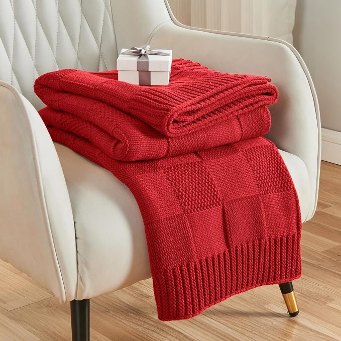 CozeCube Christmas Red Knitted Checkered Throw Blanket 60"X80" | Check Knit Throw for Couch, Decorative Christmas Soft Cozy Warm Blanket for Bed Sofa Living Room