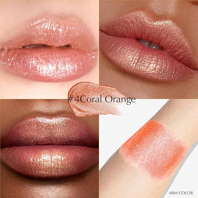 Glitter Lipstick Metallic Coral Orange, Shimmer Lip Stick Long Lasting Waterproof Pearl Diamond Creamy Lipstick Makeup Sparkle High Pigmented Shine Moisturizing Lip Balm Non Stick Cup for Women