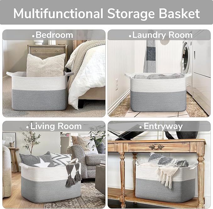 Goodpick 85L Large Woven Rope Blanket Basket, Rectangle, White Gray | 23.6'' x 15.7'' x 13.8'' Storage Basket for Blankets & Pillows, Living Room & Bedroom Organization, Reinforced Handles