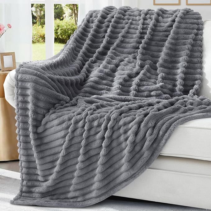 decorUhome Grey Fleece Throw Blanket 50x60 Inches | Soft Couch Cozy Fluffy Plush Flannel Striped Blanket for Sofa Bed, Lightweight Decorative Ribbed Fuzzy Blanket for Woman