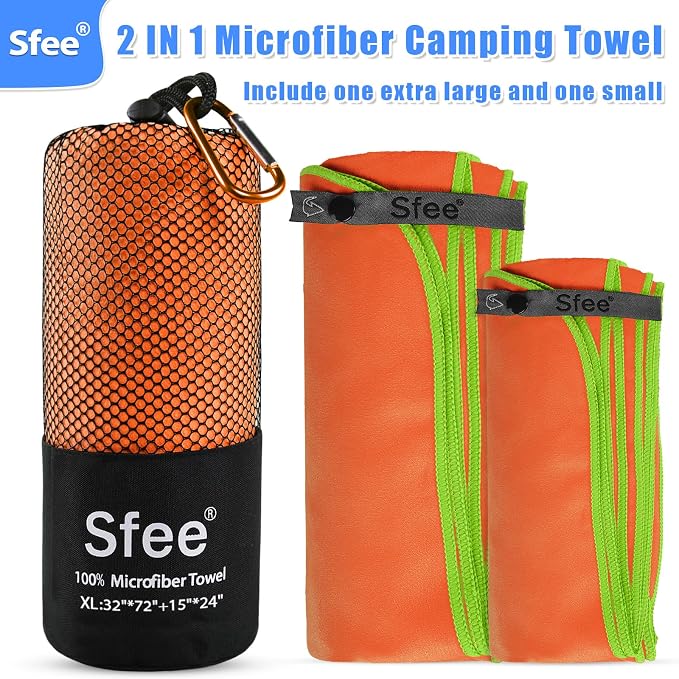 Sfee 2 Pack Camping Towel, Quick Dry Towel Super Absorbent Travel Microfiber Towels, Fast Drying Compact Soft Lightweight Sports Towel Set for Beach, Hiking, Travel, Gym, Backpacking, Pool +Carabiner