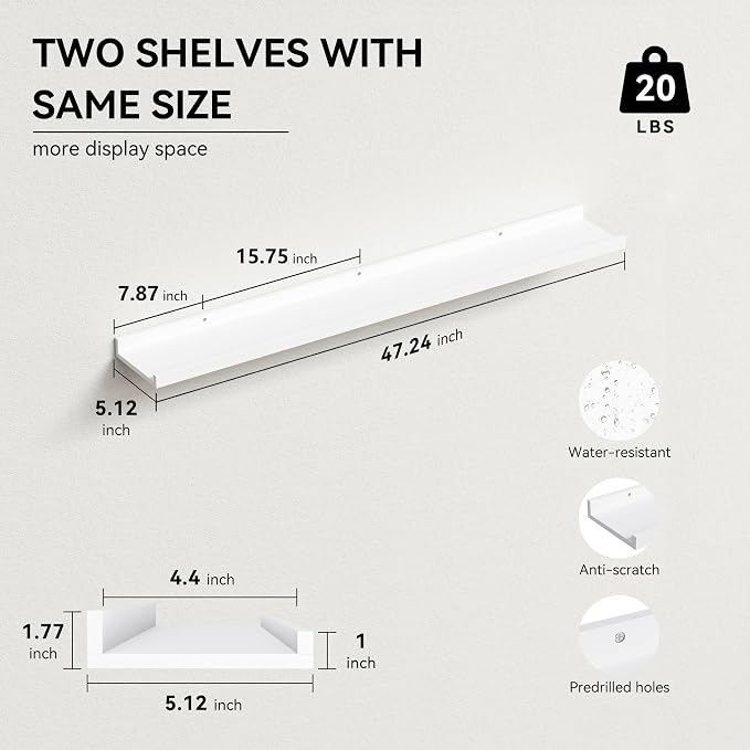Boswillon Floating Shelves Set of 2, Long Wall Shelf with Lip, 48in, White | Display Ledge Shelf for Room Wall, Wall Decor Shelves for Bathroom, Living Room, Bedroom, Kitchen, Nursery Room, Modern, Wood