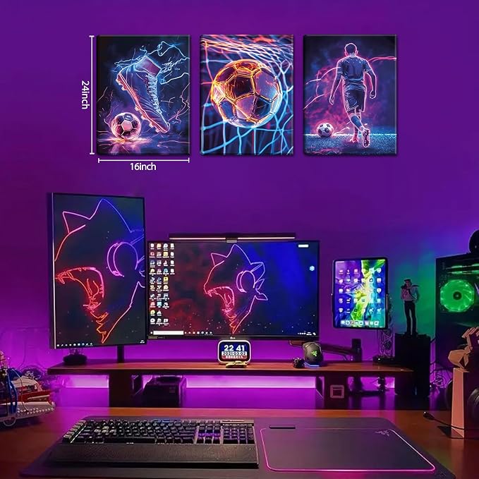 Cool Soccer Gaming Wall Art Set of 3, Neon Video Gamer Canvas Pictures, Colorful Soccer Game Painting Prints for Boys Room, Gaming Room Decor for Kids Gamer Room 16x24 inch Framed