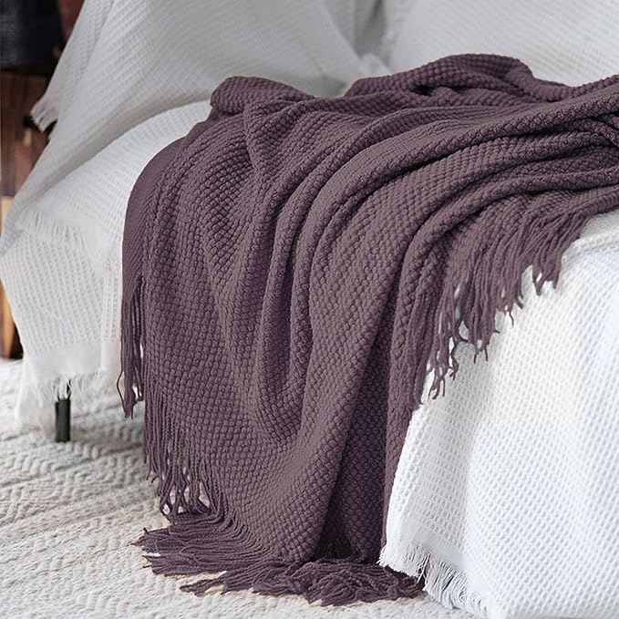 LOMAO Knitted Throw Blanket with Tassels Bubble Textured Soft Blanket Lightweight Throws for Couch Cover Home Decor (Grey Purple, 50x60)