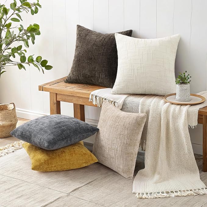 decorUhome Textured Chenille Throw Pillow Covers 16x16 Set of 2 Yellow | Fall Modern Farmhouse Soft Cozy Slubby Couch Pillow Cases Boho Decorative Pillow Cases for Bed Sofa Living Room Home Decor