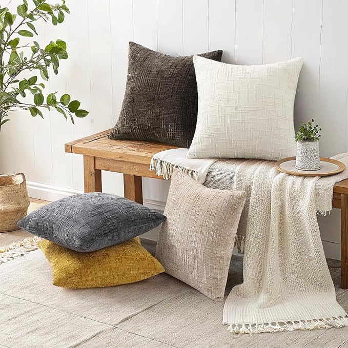 decorUhome Textured Chenille Throw Pillow Covers 20x20 Set of 2 Yellow | Fall Modern Farmhouse Soft Cozy Slubby Couch Pillow Cases Boho Decorative Pillow Cases for Bed Sofa Living Room Home Decor