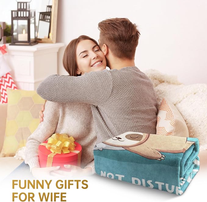 Leebbsin Funny Gifts for Wife, Anniversary Wedding Gifts for Wife | Wife is Charging Sloth Blanket 60" x 80", Cyan, Christmas Mothers Day Birthday Gift for Wifey from Husband