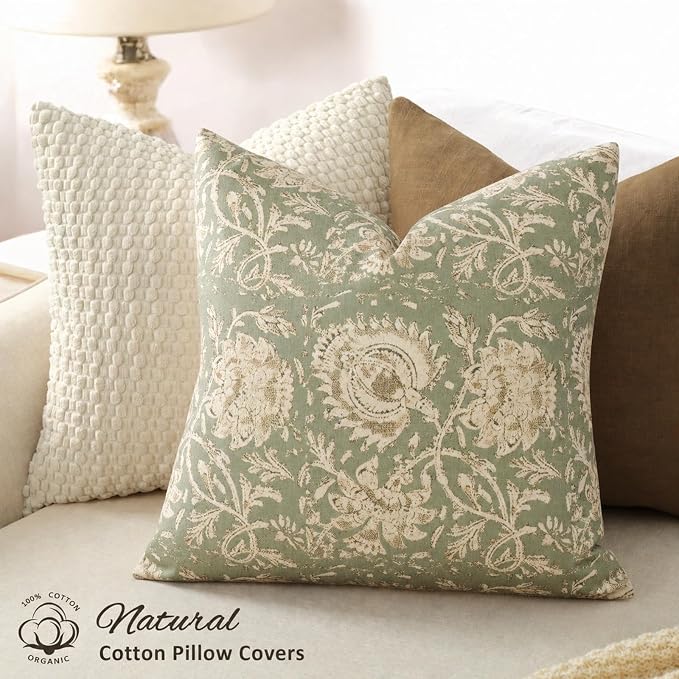 Vintage Floral Print Throw Pillow Covers 22x22 Set of 2 Neutral Modern Farmhouse Pillow Cases Accent Decorative Cushion Covers Boho Home Decor for Couch Sofa Chair Bed Living Room, Sage