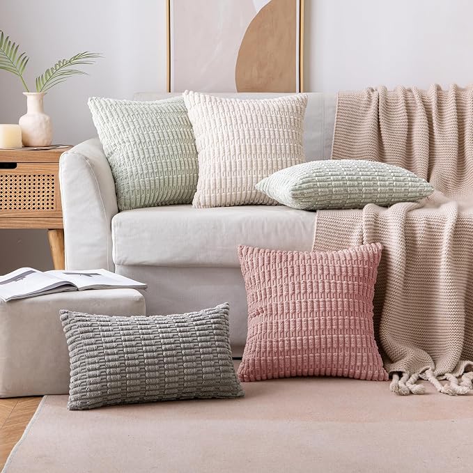 MIULEE Corduroy Decorative Throw Pillow Covers 18x18 Blush Pink Pack of 2 | Soft Boho Striped Pillow Covers Modern Farmhouse Home Decor For Sofa Living Room Couch Bed