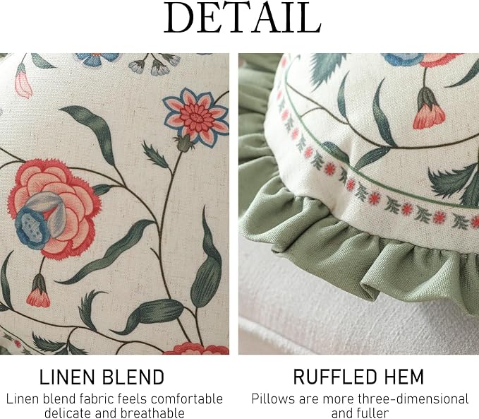 Designer Linen Throw Pillow Cover,Set of 2,Diameter 16"-Daffy A | Vintage French Elegant Round Pillow Cover,Concealed Zipper Design,Floral Pattern,Sofa,Bedroom,Living Room,Lounge Chairs