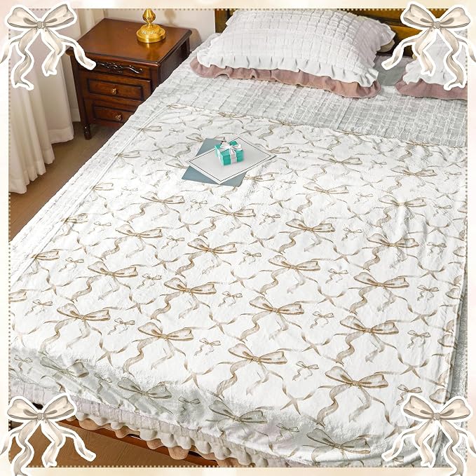 Brown Bow Throw Blanket 50"x60" Soft Flannel for Girls Women | Coquette Aesthetic Decor with Ruffled Edges, Ultra Plush Bed Sofa Blanket, Preppy Gift for Teens, Back to School Dorm Room