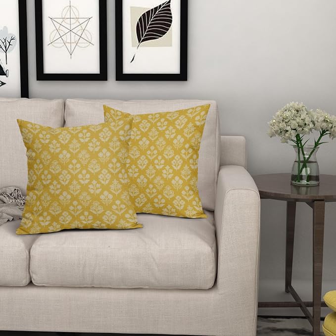 Yellow Floral Pillow Covers 24x24 Inch Set of 2, Vintage Flower Block Print Pattern Decorative Throw Pillowcases Outdoor Farmhouse Cushion Covers Spring Summer Rustic Sofa Couch Bed Decor