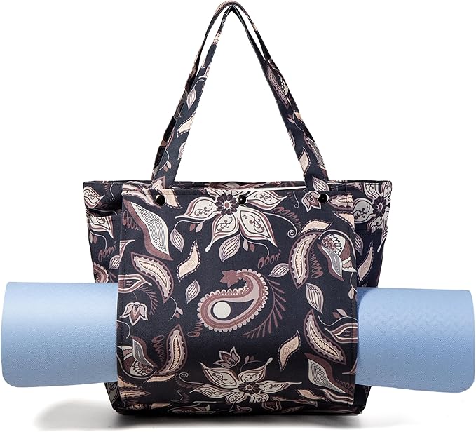 Floral Paisley Pattern Yoga Bag, Canvas Tote with Blue and Pink Design, Spacious Carrier for Yoga Mat and Accessories