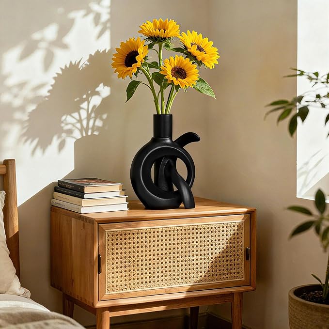 Assemble OK Ceramic Vase Set of 2 for Home Decor, Modern Boho Ins Style Matte Vase for Pampas Grass for Table Centerpiece, Living Room, Shelf, Mantle, Housewarming Gift (Black Vase)