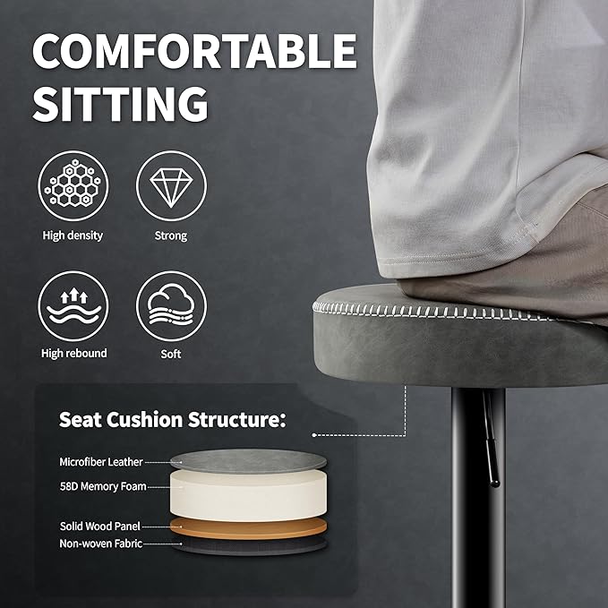 Adjustable Bar Stools Set of 2 Backless Kitchen Barstools with Round Seat 360° Swivel Counter Height Bar Stools Modern Microfiber Leather Bar Chairs for Dining Room Grey (24-33 Inch,330lbs)
