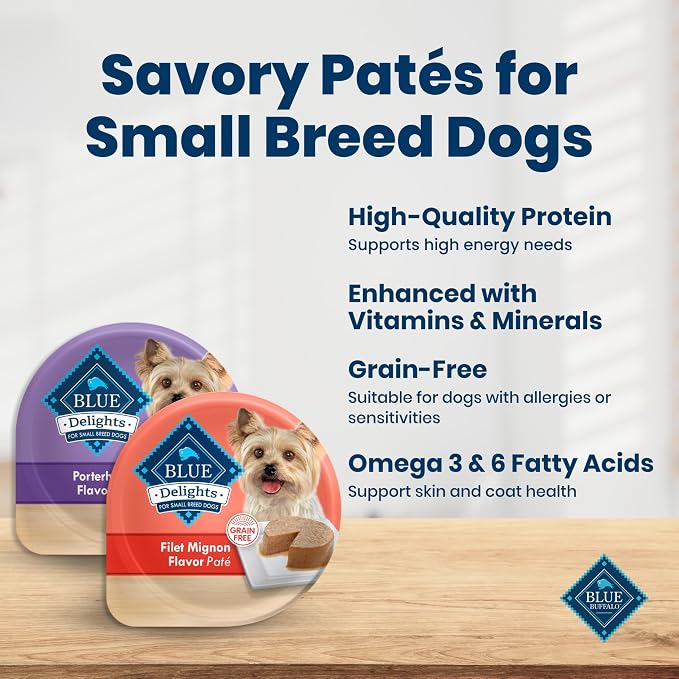 Blue Buffalo Delights Variety Pack Small Breed Wet Dog Food, 3.5 oz, 12 ct | Filet Mignon & Porterhouse (6 of Each), Adult Formula, Grain-Free, Pate Style, No Corn, Wheat, or Soy