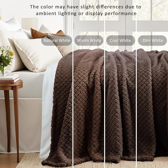 Exclusivo Mezcla Soft Fleece Queen Size Blanket for Bed, Coffee | Jacquard Lightweight Cozy Bed Blanket, Breathable Decorative Fuzzy Textured All Season Use, 90x90 Inches