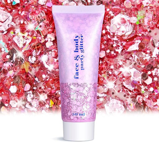 Body Face Glitter Makeup - Christmas Face Glitter Kids Stocking Stuffers, Sparkly Chunky Hair Glitters, Mermaid Birthday Decorations Rave Outfits for Kids (Pink Body Glitter)