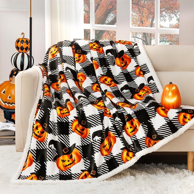 Halloween Blanket Twin Size 60" X 70"，Pumpkin Sherpa Fall Fuzzy Fluffy Soft Cozy Blankets, Fleece Flannel Plush Microfiber Throw for Couch Bed Sofa, Halloween Decor (BlackHalloween)