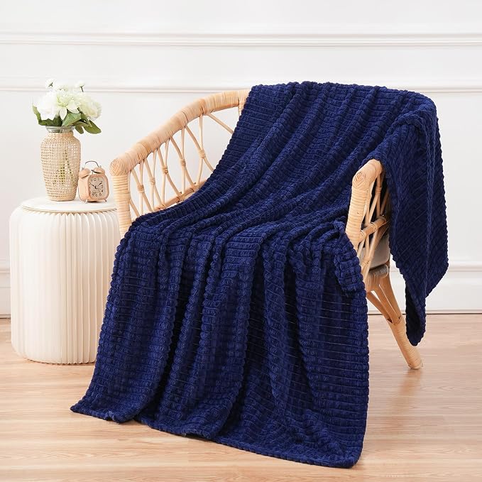 Puncuntex Fleece Throw Blanket Navy Blue 50"×60" with Square Grid Design | Super Soft Plush Cozy Flannel Throw Blanket Luxury for Couch Sofa Chair