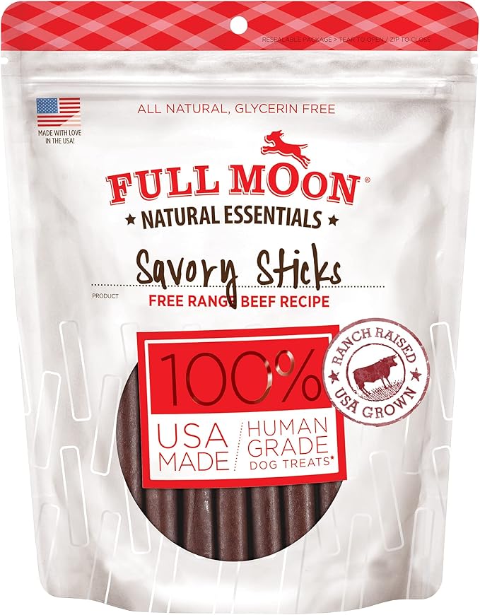Full Moon All Natural Human Grade Dog Treats, Essential Beef Savory Sticks, 22 Ounce, 1.375 Pound (Pack of 1) | Human Grade, No corn, No wheat, No soy, Glycerin Free, Made in the USA