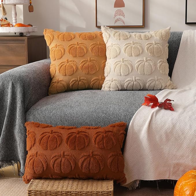 DFXSZ Fall Pillow Covers 12x20 2Pcs Light Orange Pumpkin Fall Decorations | Fall decor Set of 2 Throw Pillow Cases Soft Plush Faux Fur Wool Couch Cushion for Chair Sofa Bedroom Living Room Home Decor