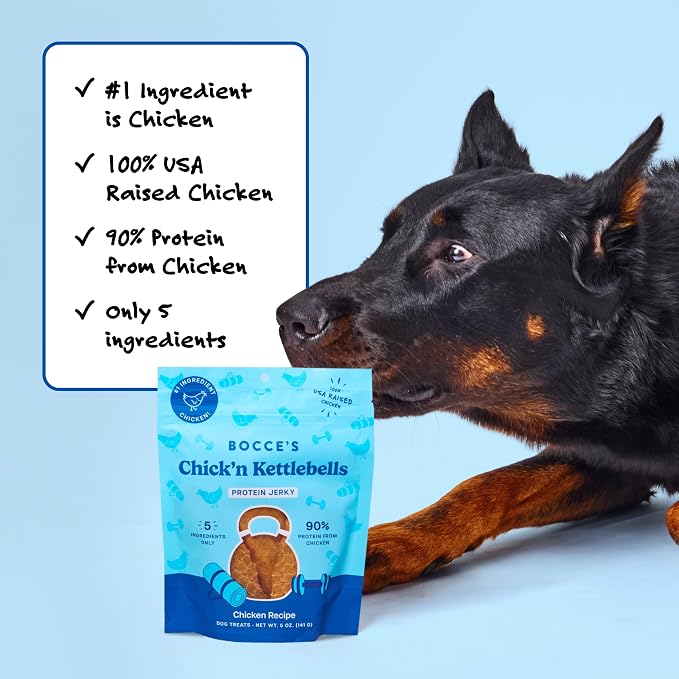 Bocce's Bakery Chick'n Kettlebells Protein Jerky Dog Treats, Chicken (5 oz) | High-Protein, Wheat-Free, Limited-Ingredient Treats with No Added Salt or Sugar - Baked in The USA