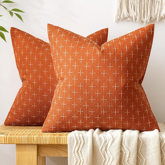 MIULEE Pack of 2 Decorative Burlap Linen Throw Pillow Covers Modern Farmhouse Pillowcase Rustic Woven Textured Cushion Cover for Sofa Couch Bed 20x20 Inch Burnt Orange