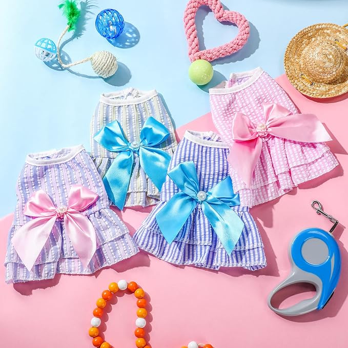 Reginary 4 Pack Princess Dog Dresses for Small Dogs Girl, Tutu Skirt with Pearl Bow, Cute Summer Puppy Clothes, Sleeveless Pet Apparel with Front Buttons for Chihuahua Yorkie Maltese, Cats(X-Small)