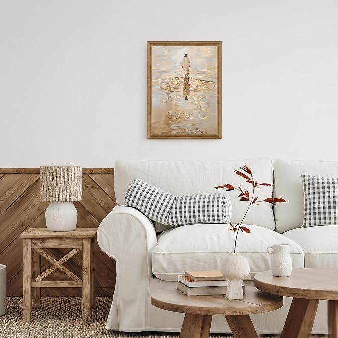 Fantasy Artists Christian Wall Art – Jesus Walking on Water Inspirational Painting, Warm Gold Faith Artwork for Home & Prayer Room, Religious Decor Symbolizing Hope, Trust & Divine Strength, 12W X 16H