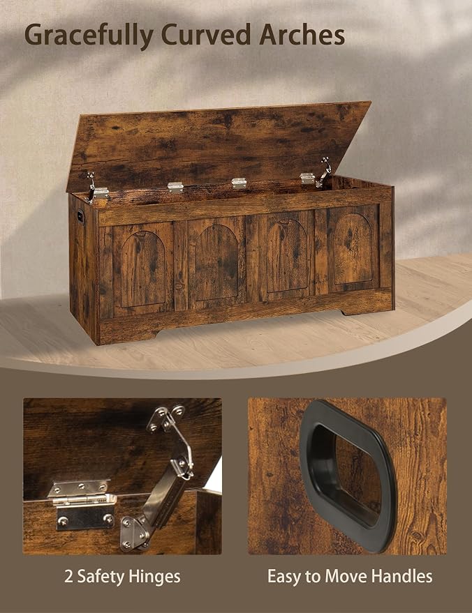 Storage Chest, Wooden Toy Box, Rustic Brown 50.0" L | Extra Large Storage Bench, 2 Soft-close Hinges, Finger-safe Flip-Top Lid, Easy Assembly, Farmhouse Trunk, Living Room/Bedroom