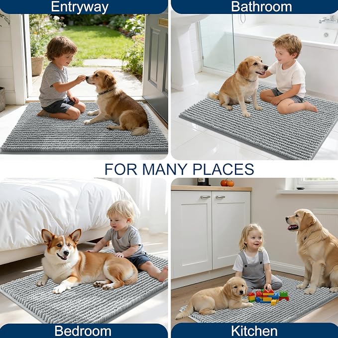 OLANLY Dog Door Mat for Muddy Paws 59x24, Extra Absorbent Chenille Mud Mat | Grey, Absorbs Moisture and Dirt, Non-Slip Machine Washable Doormat, Quick-Drying Indoor Entryway Floor Mat for Dogs