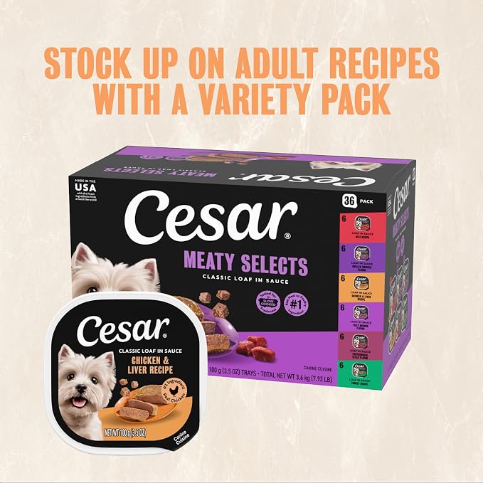 Cesar Classic Loaf in Sauce Wet Dog Food, Chicken & Liver, 3.5 oz, 24 Count | Made in USA, Real chicken #1 ingredient, no fillers/added sugar/artificial flavors, use as meal or topper, easy peel trays