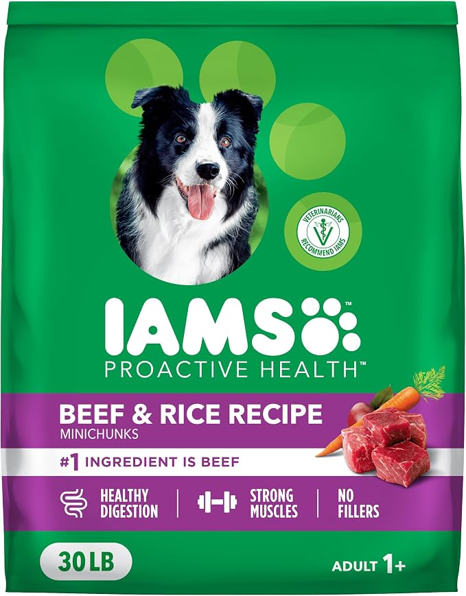 IAMS Proactive Health Adult Minichunks Dry Dog Food, Beef & Rice, 30 lb | Real beef #1 ingredient, no fillers or artificial flavors, glucosamine & chondroitin, supports bones, joints & muscles