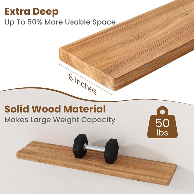 Floating Shelves for Wall, 36"Wx8"D Rustic Solid Elm Wood Floating Shelves Wall Mounted, Round Edge Wall Shelves with Invisible Bracket for Living Room Bathroom Bedroom Kitchen, Set of 2, Natural
