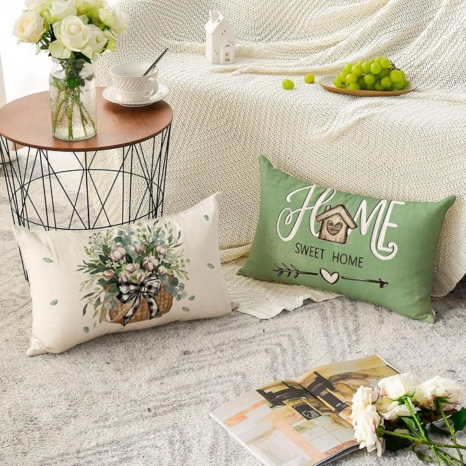 AVOIN colorlife Bless Our Home Farmhouse Eucalyptus Leaves Throw Pillow Covers, 12 x 20 Inch Green Truck Cushion Case Decorations Set of 4