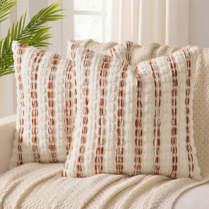 ANRODUO Boho Chenille Decorative Pillow Covers 18x18 Inch Set of 2 Orange | Textured Tufted Stripes Woven Cushion Case, Farmhouse Accent Neutral Pillowcase for Couch Sofa Bed Living, Room Decor