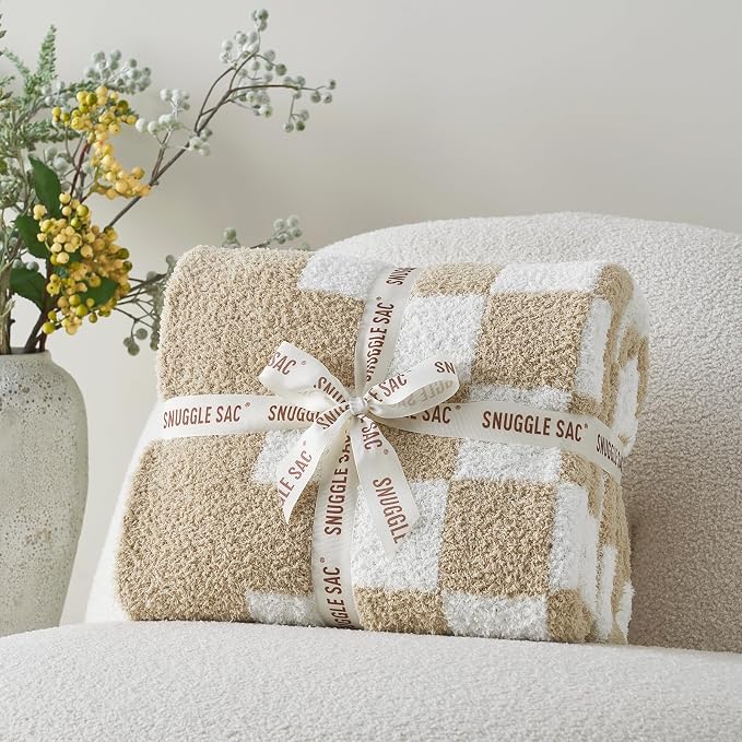 Snuggle Sac Checkered Throw Blanket for Couch, Super Soft, Cozy Warm Knit Blankets, Reversible Fluffy Checker Throws for Sofa, Bed, Checkered Beige, 50x60 Inches