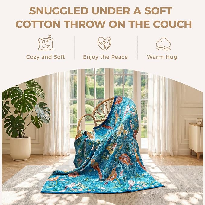 LUTBM Boho Throw Blanket for Couch 50"x60", Cotton Decorative Bed Throw | Blue Reversible Floral Birds Embroidery, All-Season Lightweight Breathable Blankets, For Chair Sofa Bedroom Living Room Decor