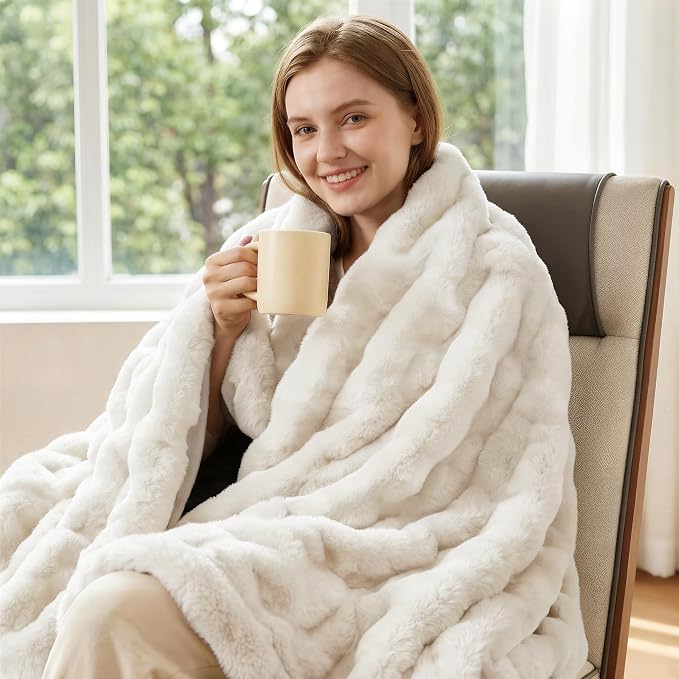 ORINOVA Light Beige Faux Fuzzy Fur Blanket Queen Size 90x90 Ultra Soft Thick Fluffy Blanket Queen for Bed Couch Cozy Furry Home Decor 1000 GSM